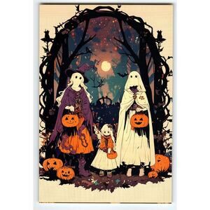 Vintage Halloween Photochrome Postcard with Ghost Costumes & Pumpkins